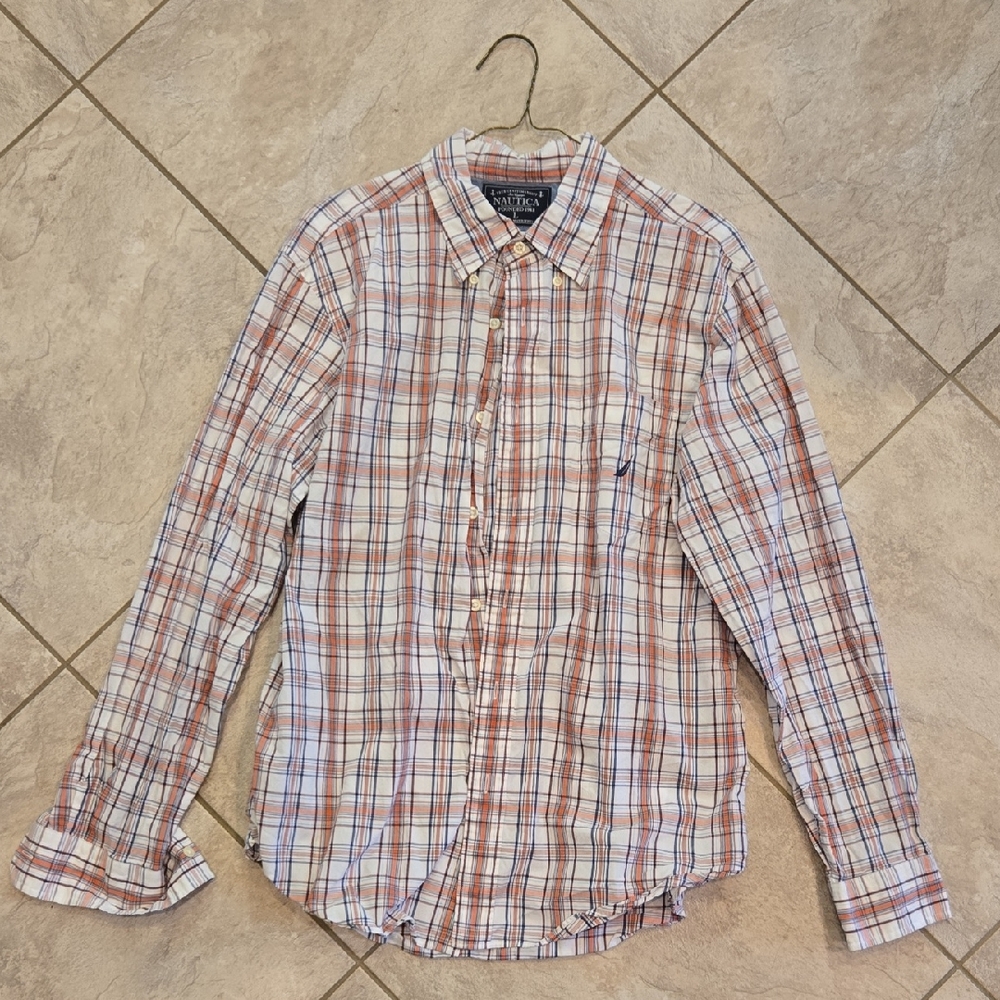 Nautica White Plaid Button-Down Shirt with Red & Blue Accents Large